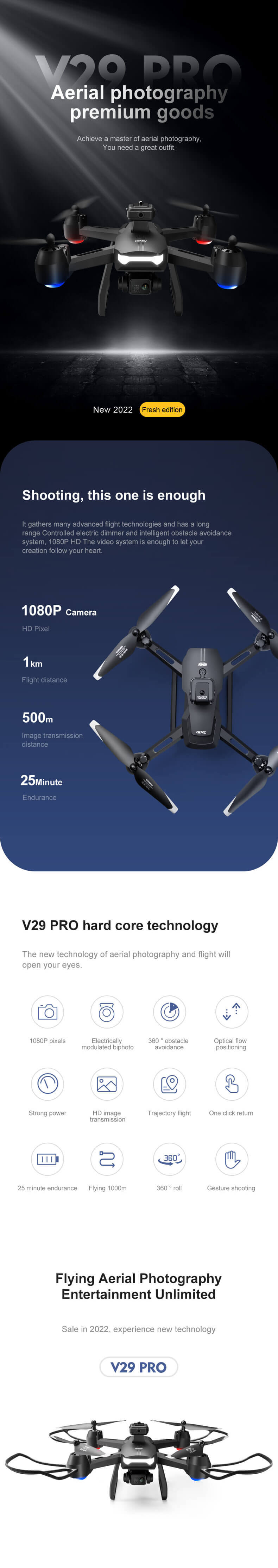 4DRC V29 obstacle avoidance UAV with HD dual cameras, support wifi image transmission, remote control can adjust camera Angle, optical flow positioning hover, easy flight operation, equipped with 2 batteries, suitable for adult UAV toy gift.